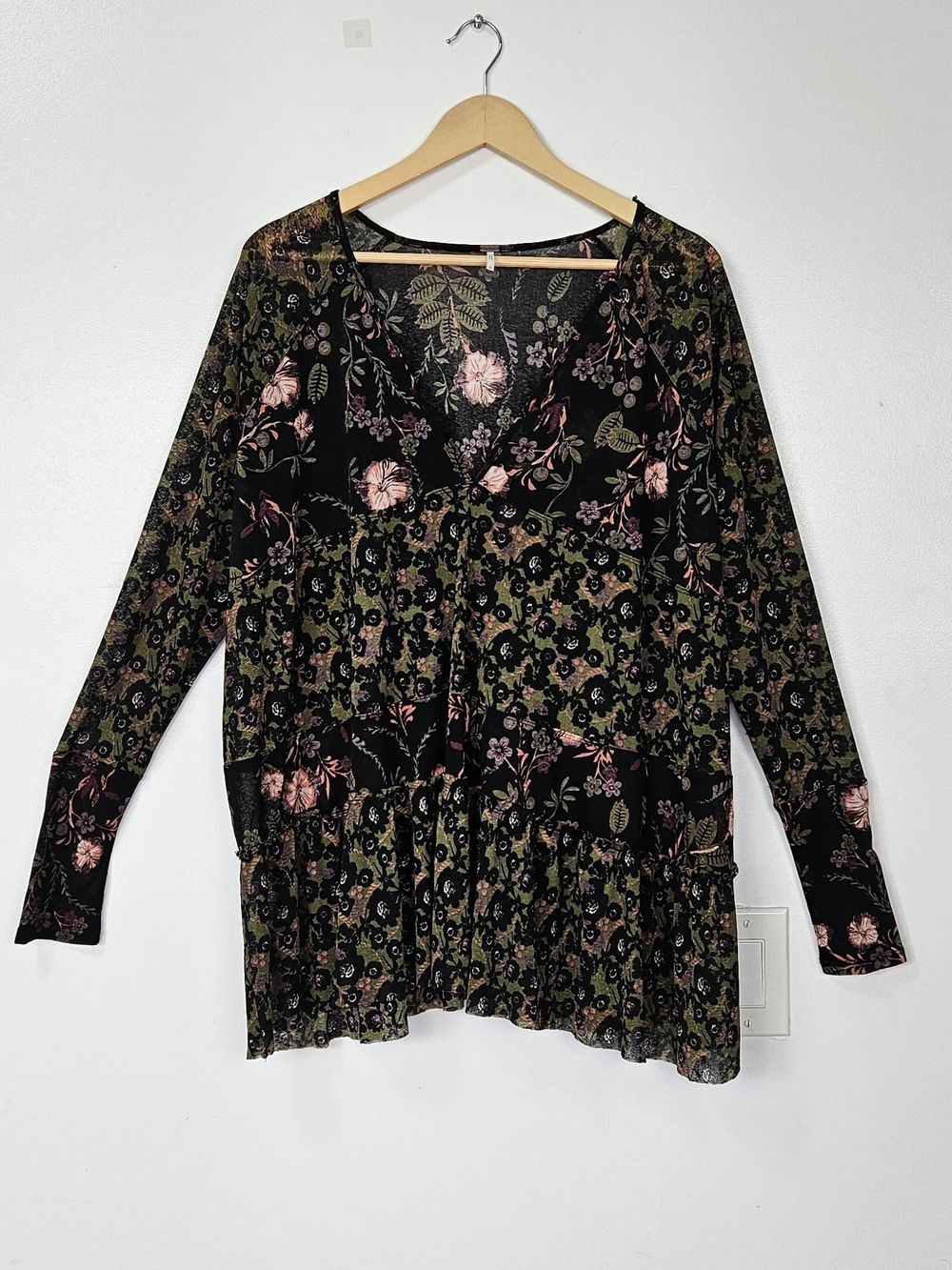 Free People Black Floral Mixed-Print Long Sleeve Blouse